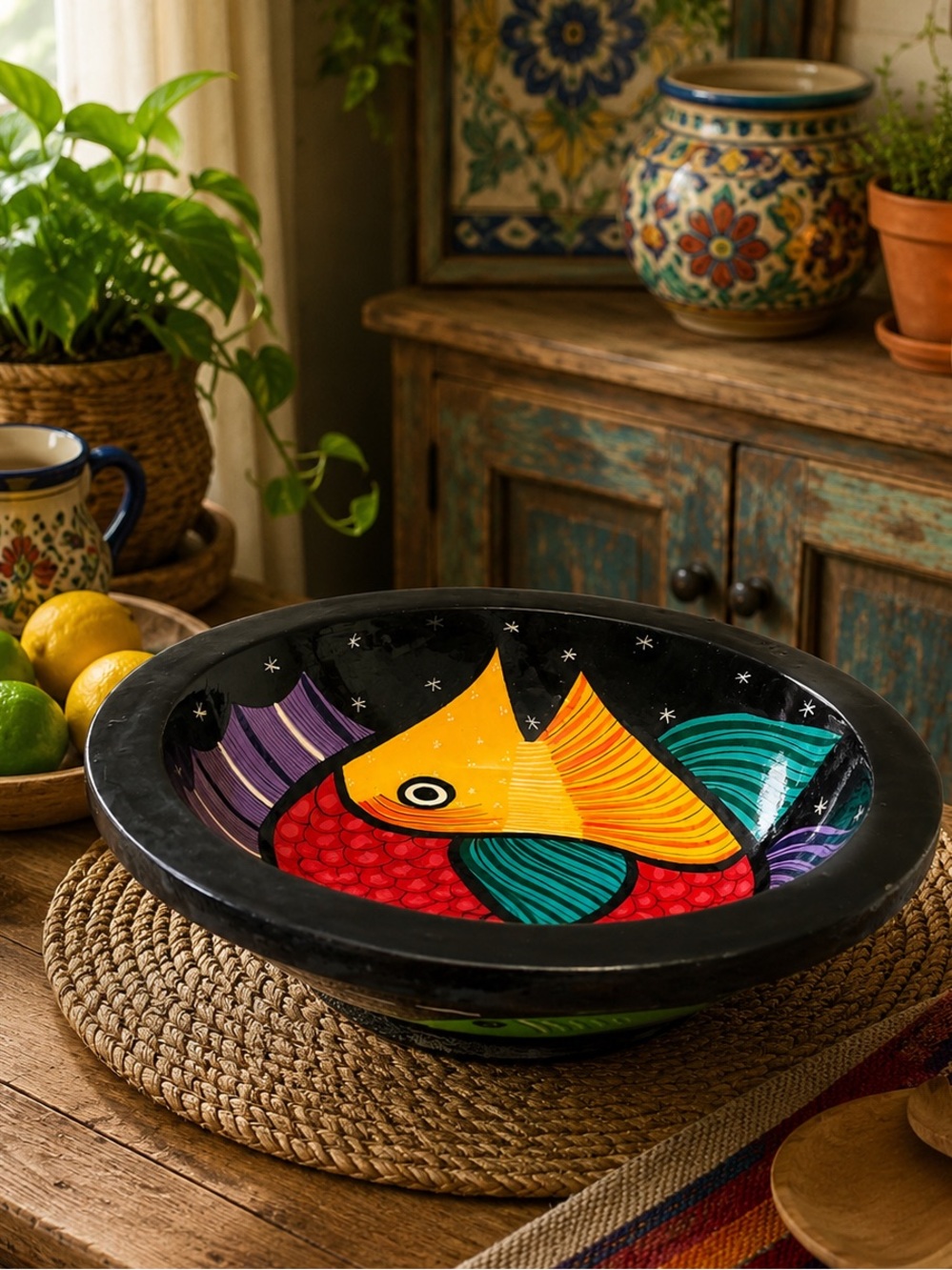 Vintage Hand-Painted Mexican Folk Art Fish Bowl Bright Colors Shiny Black Glaze